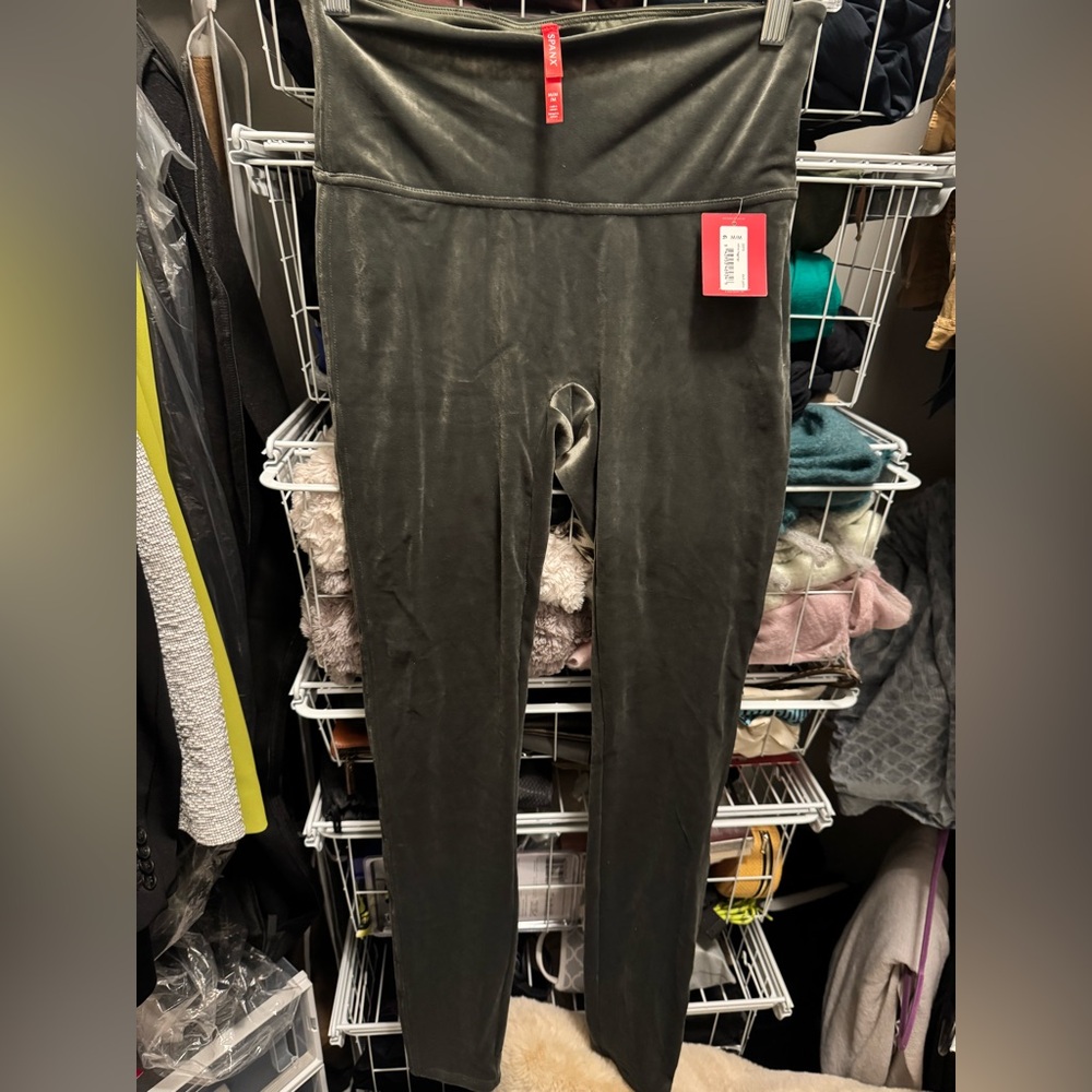 SPANX Loden Green Velvet High-Waisted Leggings